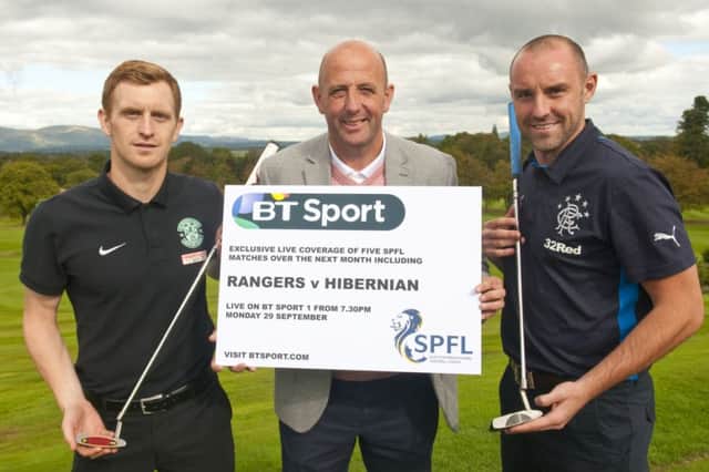 Hibs Liam Craig, left, BT Sport pundit Gary McAllister and Rangers striker Kris Boyd promote Mondays game. Picture: PA