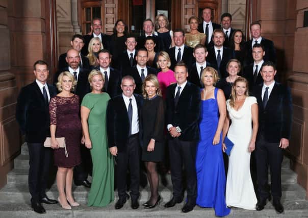 The European team pose with wives and partners ahead of a Ryder Cup gala dinner last night. Picture: Getty