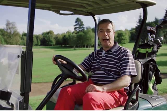 Nigel Farage sits astride a golf buggy as he urges backing for Europe - in the Ryder Cup. Picture: Youtube/Screenshot