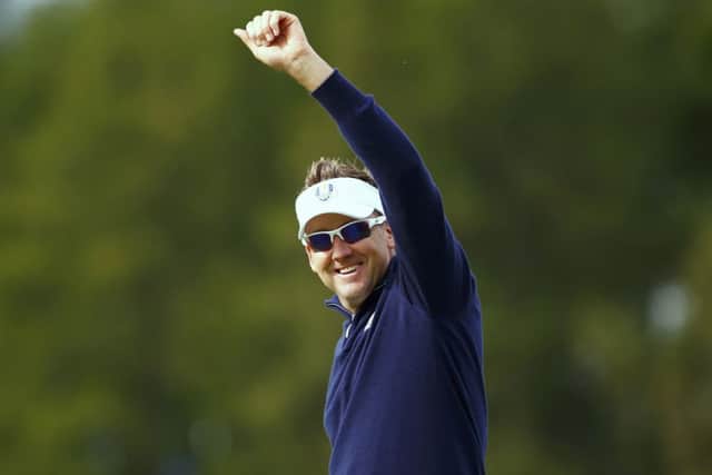 Ian Poulter reacts after holing a putt on the eighth green during practice at Gleneagles yesterday. Picture: Reuters