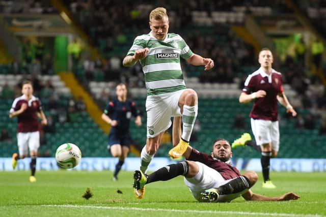 John Guidetti opened his Celtic scoring account against Hearts and earned praise from manager Ronny Deila afterwards. Picture: SNS