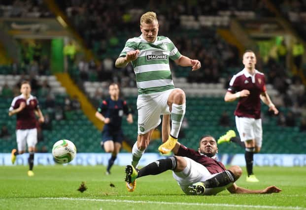 John Guidetti opened his Celtic scoring account against Hearts and earned praise from manager Ronny Deila afterwards. Picture: SNS