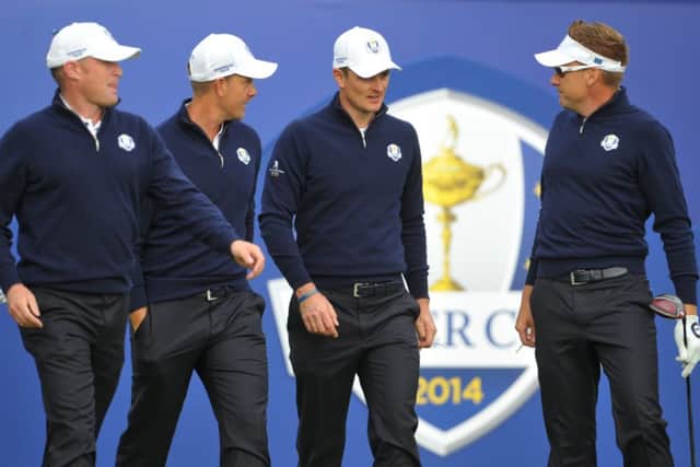 Europes Jamie Donaldson, Henrik Stenson, Justin Rose and Ian Poulter set out on their practice round yesterday. Picture: Jane Barlow