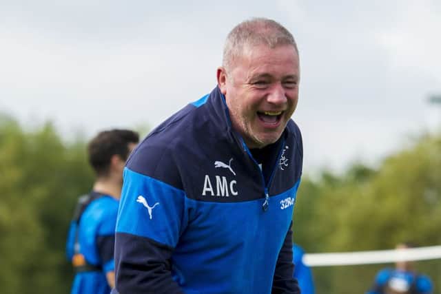 Ally McCoist has a laugh at Murray Park as Rangers prepare for their clash with Hibs. Picture: SNS