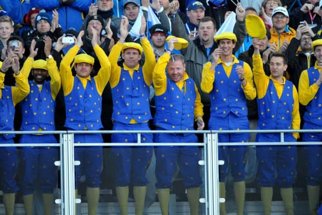 European fans at the first hole at the start of the fourball match on the first day of 2014 Ryder Cup at Gleneagles. Picture: Jane Barlow