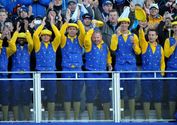 European fans at the first hole at the start of the fourball match on the first day of 2014 Ryder Cup at Gleneagles. Picture: Jane Barlow