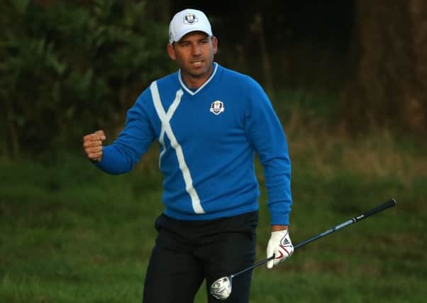 Sergio Garcia celebrates his approach shot to the 18th. Picture: Getty