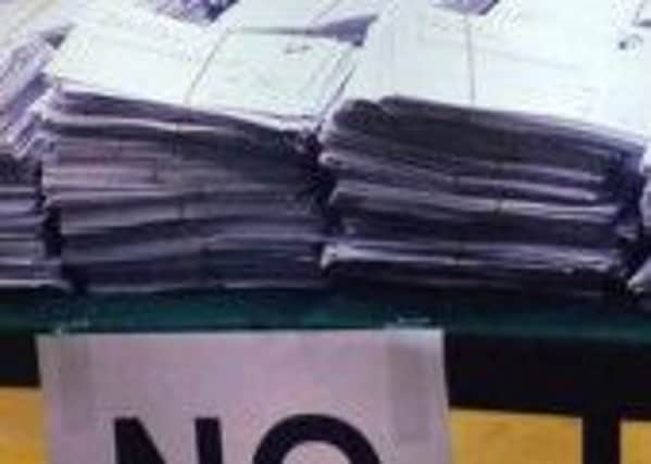 Images of alleged vote rigging in the Scottish Independence referendum 2014 - 
Yes papers on the No table at the Dundee count. Picture: Contributed