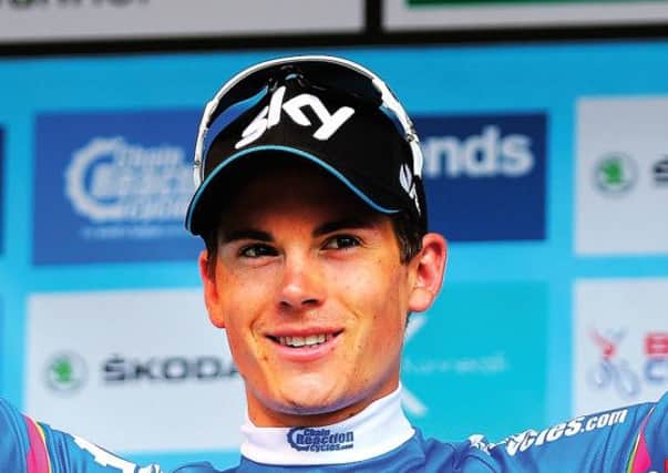 Points classification leader Ben Swift of Great Britain and Team SKY stands on the podium after stage six of the Tour of Britain. Picture: Getty