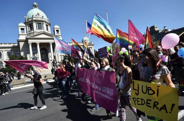 Marchers were out in force at the Pride event in Belgrade yesterday. Picture: AFP