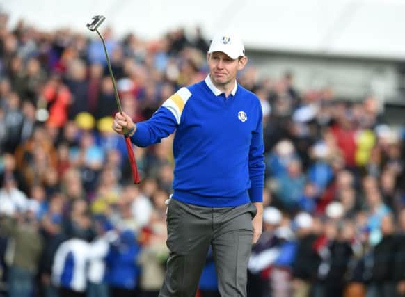 Stephen Gallacher acknowledges the crowd during his singles match with Phil Mickelson. 
Picture: Ian Rutherford
