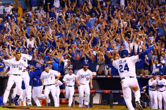 Kansas City Royals celebrate their 9 to 8 win over the Oakland Athletics in the 12th inning of the Wild Card game. Picture: Getty