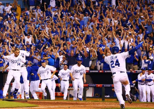Kansas City Royals celebrate their 9 to 8 win over the Oakland Athletics in the 12th inning of the Wild Card game. Picture: Getty