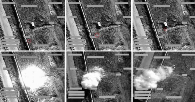 MoD-released footage shows a Tornado targeting an Islamic State armed pick-up truck with Brimstone missiles. Picture: PA