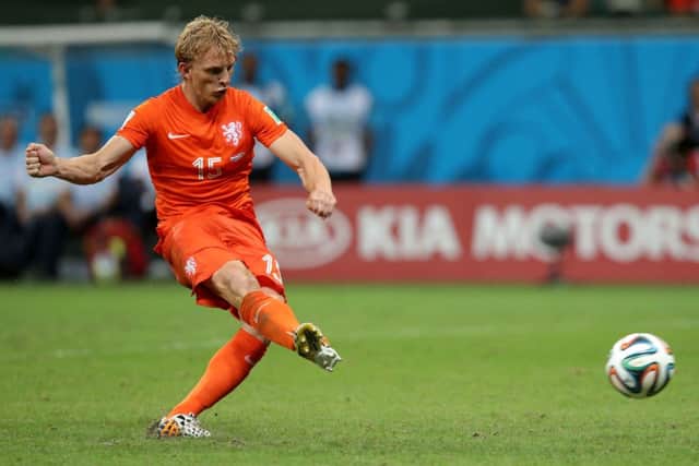Dirk Kuyt scores his penalty in the shootout against Costa Rica in the 2014 World Cup quarter finals. Picture: Getty