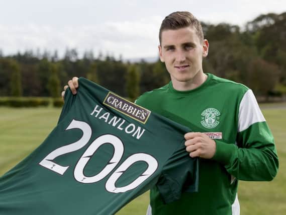 Hibs defender Paul Hanlon took a moment at training yesterday to celebrate completing 200 appearances. Picture: SNS
