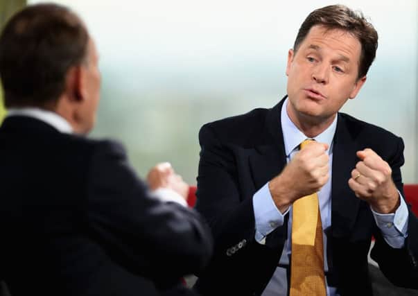 Fighting talk from Nick Clegg who appeared on The Andrew Marr show at BBC Scotland Pacific Quay yesterday. Picture: Getty Images