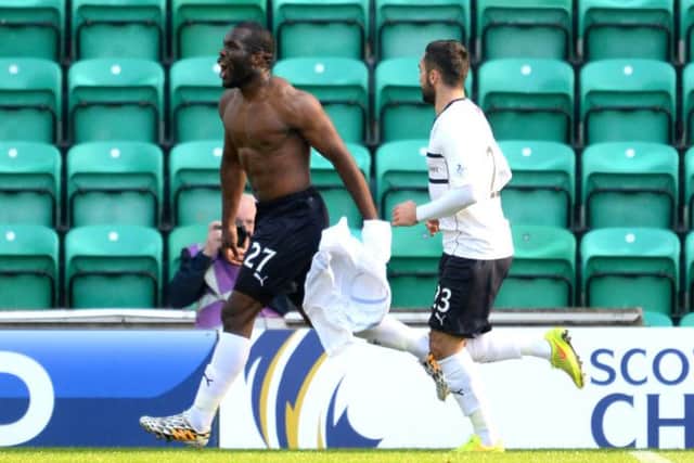Raith Rovers striker Christian Nade shows he is lean and mean as he celebrates his equaliser at Easter Road. Picture: SNS