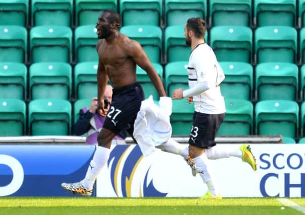 Raith Rovers striker Christian Nade shows he is lean and mean as he celebrates his equaliser at Easter Road. Picture: SNS