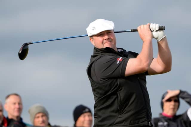 Chris Doak of Scotland plays off the 16th tee during the final round of the 2014 Alfred Dunhill Links Championship. Picture: Getty