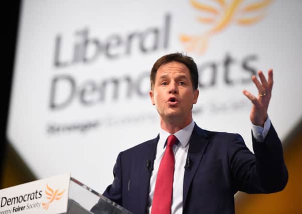 Nick Clegg delivers his keynote speech on the last day of the Liberal Democrat Autumn conference in Glasgow. Picture: Getty