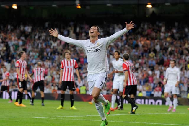 Ronaldo celebrates after scoring Real Madrid's fifth, and his third goal against Athletic Bilbao. Picture: Getty