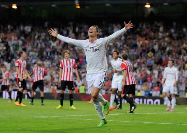 Ronaldo celebrates after scoring Real Madrid's fifth, and his third goal against Athletic Bilbao. Picture: Getty