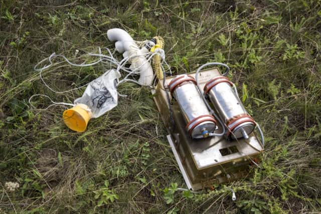 An oxygen mask amongst wreckage in Grabovo. Picture: Getty