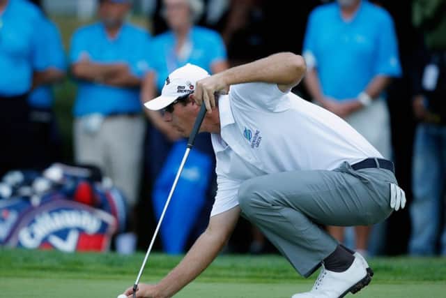 Nicolas Colsaerts lines up the putt on the 18th green that could have made history. Picture: Getty