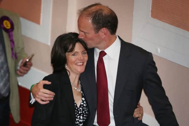 Douglas Carswell kisses his wife Clementine after winning the Clacton-on-Sea by-election last night. Picture: Getty