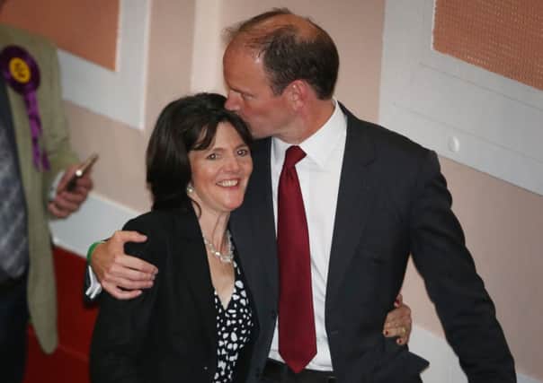 Douglas Carswell kisses his wife Clementine after winning the Clacton-on-Sea by-election last night. Picture: Getty