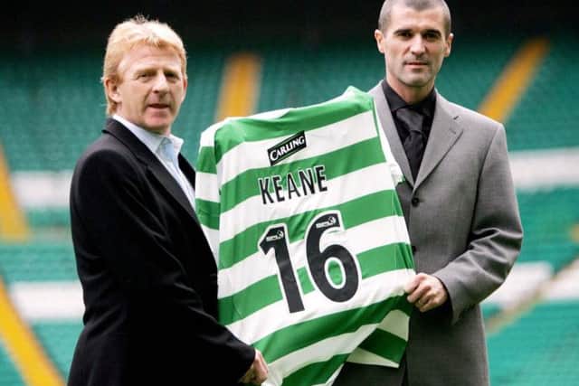 Roy Keane and then-Celtic manager Gordon Strachan in 2005, on the day the former Manchester United player signed for the club. Picture: Getty