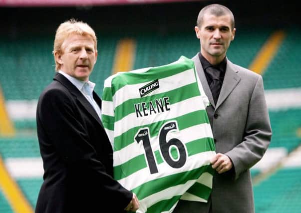 Roy Keane and then-Celtic manager Gordon Strachan in 2005, on the day the former Manchester United player signed for the club. Picture: Getty