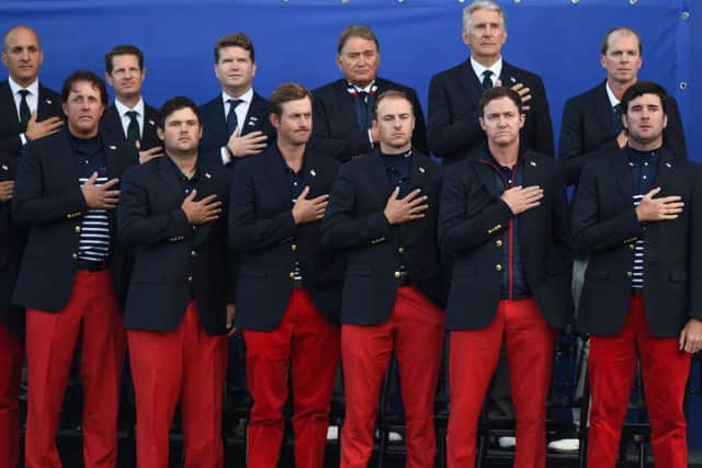 The American team stand for the National anthem at the Ryder Cup trophy presentation. Picture: Ian Rutherford