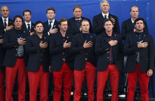 The American team stand for the National anthem at the Ryder Cup trophy presentation. Picture: Ian Rutherford