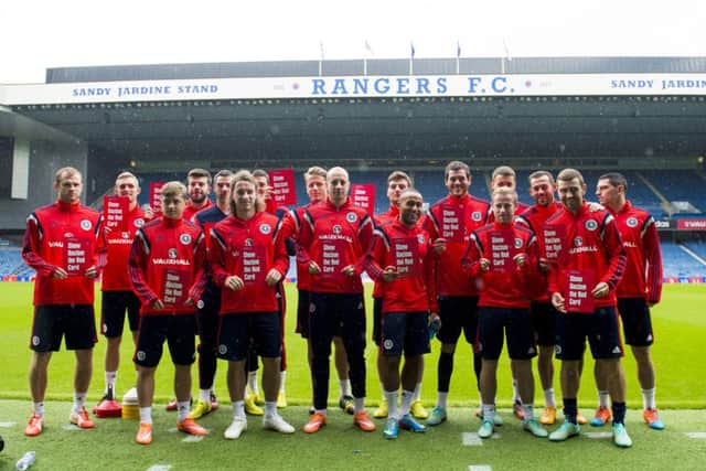 The Scotland squad promote an anti-racism campaign at Ibrox. Picture: SNS