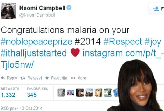 Naomi Campbell, inset, and the tweet. Picture: Getty/Twitter
