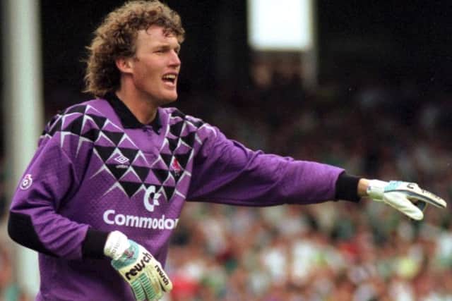Dave Beasant shouts to his team-mates during the Hibs v Chelsea friendly at Easter Road in August 1991. Picture: TSPL