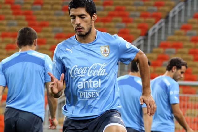 Luis Suarez training on eve of Uruguay's friendly match against Saudi Arabia. Picture: AFP