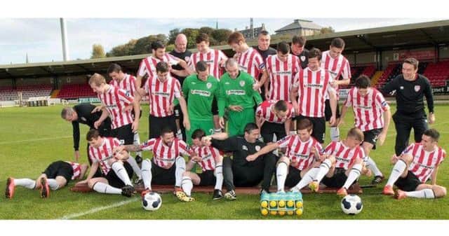 Derry City's team photo ended in farce after a bench collapsed. Picture: Derry City FC