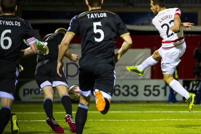 Hamilton's Tony Andreu (22) fires the ball into the empty net to put his side 1-0 up. Picture: SNS