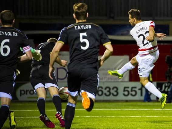 Hamilton's Tony Andreu (22) fires the ball into the empty net to put his side 1-0 up. Picture: SNS