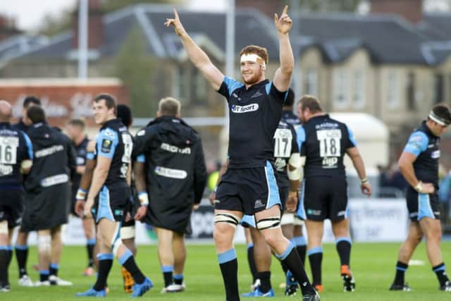 Glasgow Warriors' Rob Harley celebrates at full-time. Picture: SNS