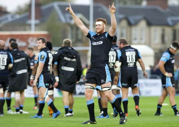 Glasgow Warriors' Rob Harley celebrates at full-time. Picture: SNS