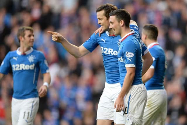 Rangers striker Jon Daly, left, celebrates the first of his two goals against Raith. Picture: SNS