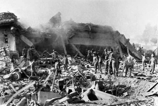 On this day in 1983 suicide terrorists blew up the US Marines headquarters building at Beirut airport, Lebanon. Picture: Getty