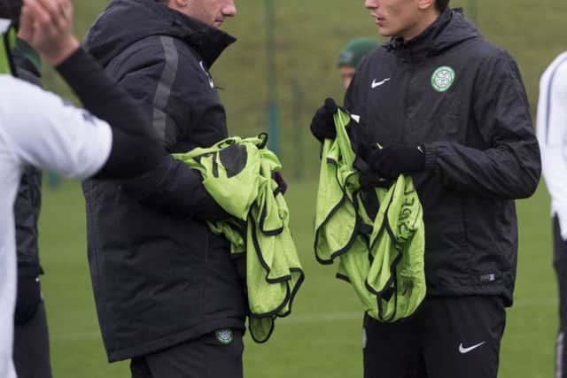 Celtics Stefan Scepovic, right, speaks with coach John Kennedy during a training session. Picture: SNS