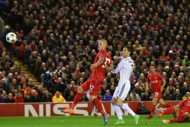 Cristiano Ronaldo scores Real Madrids opener with a sublime finish. Picture: Getty