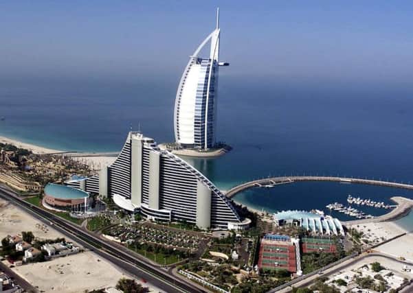 An aerial view of the luxury Burj Al Arab and Jumayra Beach hotels in the city of Dubai. Picture: Getty