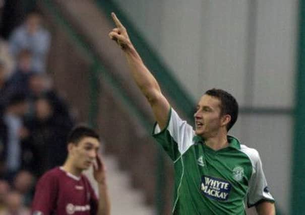 Guillaume Beuzelin celebrates scoring against Hearts as Hibs won the Edinburgh derby 2-0 in October 2005. Picture: Kenny Smith
